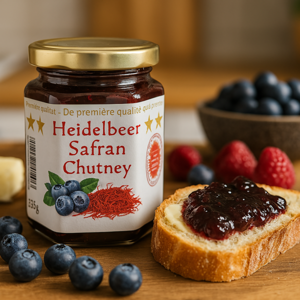 Heidelbeeren Safran Chutney mit Super Negin Safran handgemacht in der Schweiz