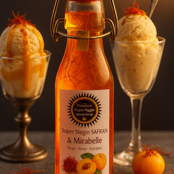 Hausgemachtes Safran Eis mit Aprikosen Safran Sirup als fruchtiges Topping