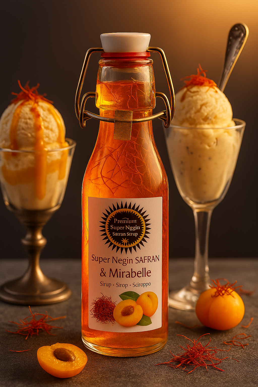 Hausgemachtes Safran Eis mit Aprikosen Safran Sirup als fruchtiges Topping