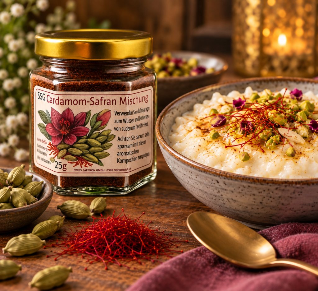Kardamom-Safran-Mischung von SWISS SAFRAN mit cremigem Milchreis, Pistazien und Safran