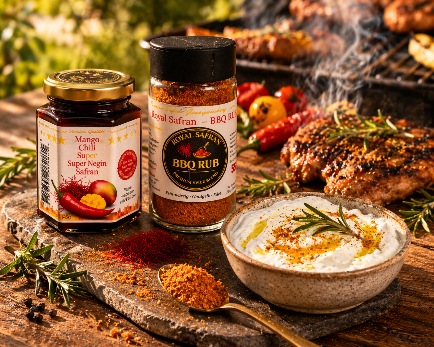 Safran Mango Chili Chutney und Royal Safran BBQ Rub mit cremigem Dip und Grillfleisch