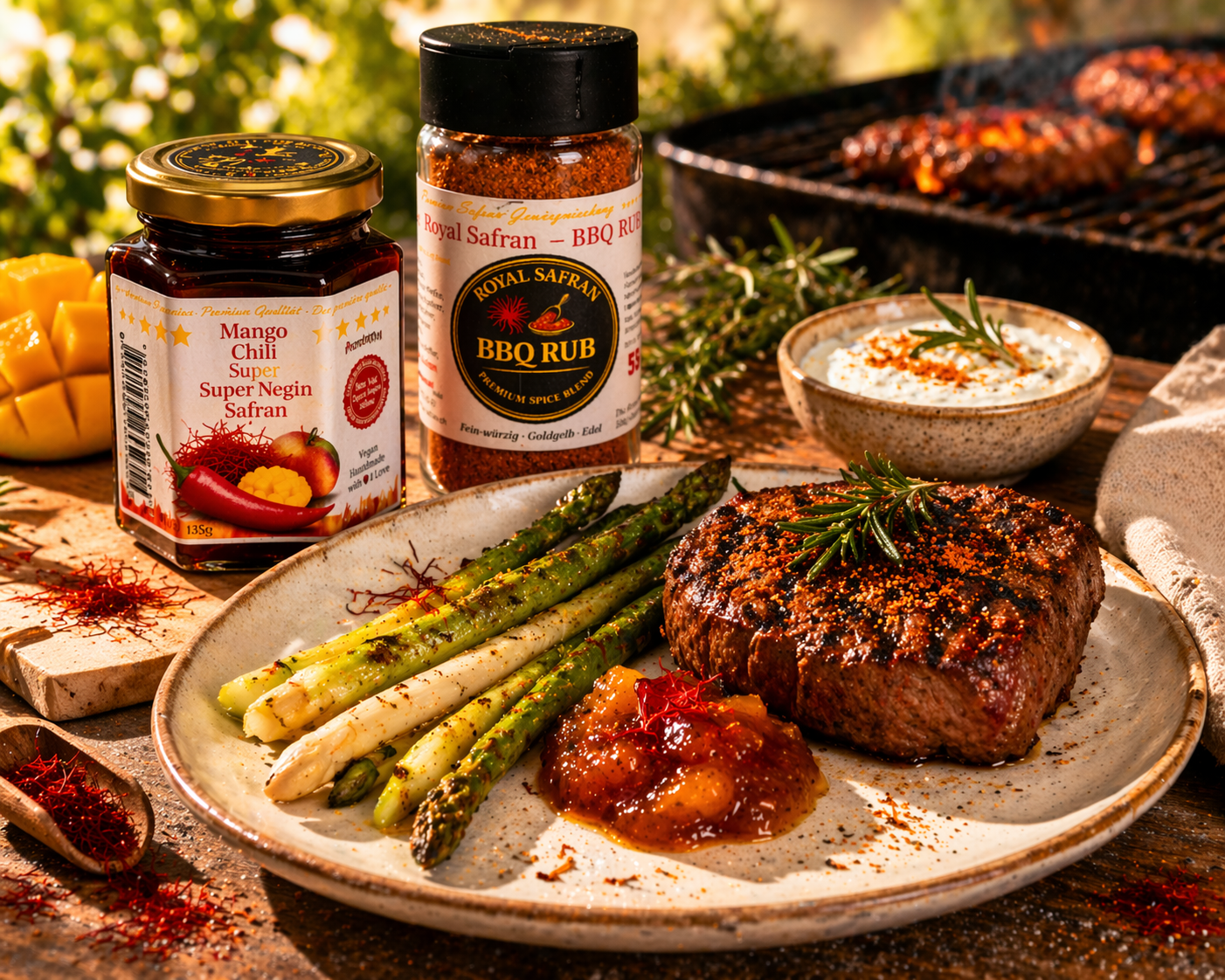 Safran Mango Chili Chutney und BBQ Rub mit gegrilltem Steak