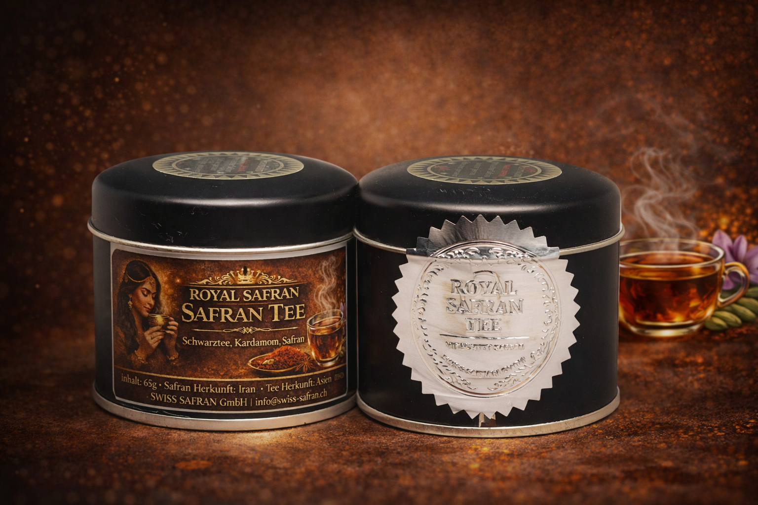 Royal Safran Tee mit Kardamom und Safran in schwarzer Premium-Dose