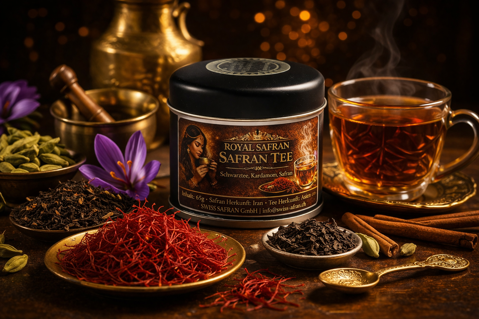 Dose Royal Safran Tee mit Safran, Kardamom, Schwarztee und dampfender Teetasse auf rustikalem Holztisch.
