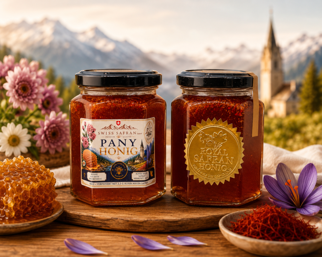 Pany Honig aus Graubünden mit 2,5 g Super Negin Safran von SWISS SAFRAN GmbH