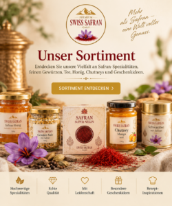 SWISS SAFRAN Sortiment mit Premium Safran, Safran-Honig, Gewürzen, Tee und Chutney